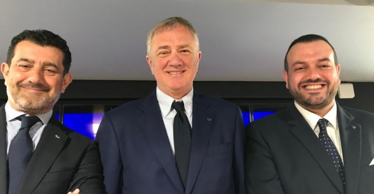 MSC Cruises' UK & Ireland md Antonio Paradiso (right) welcomes president Giovanni Onorato and executive chairman Pierfrancesco Vago (centre) to Southampton PHOTO: Mary Bond