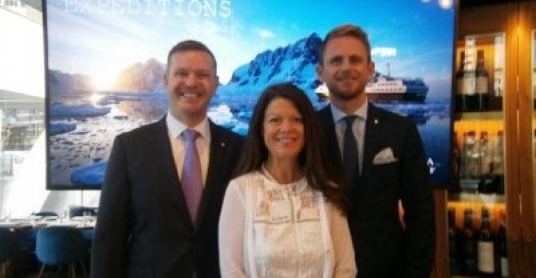 Conrad Combrink, left, with Silversea’s director of marketing Asia Pacific, Leanne Fonagy and md Asia Pacific Adam Armstrong at a media briefing in Sydney