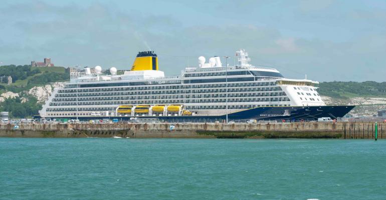 blue and yellow cruise ship